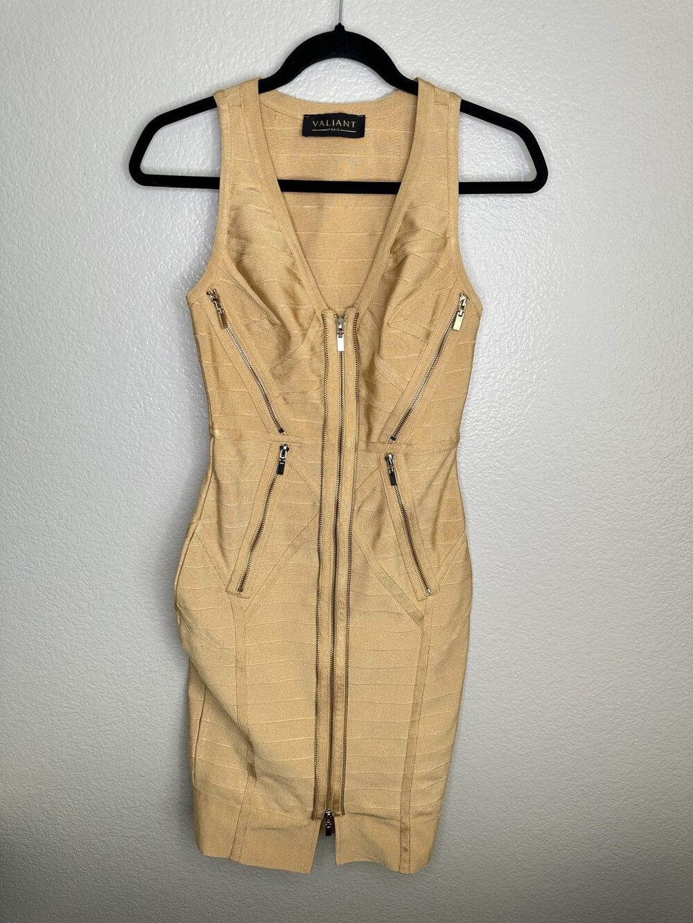 Valiant Paris Dress Womens S Beige Bandage Bodycon Zip Front Sleeveless Spicy